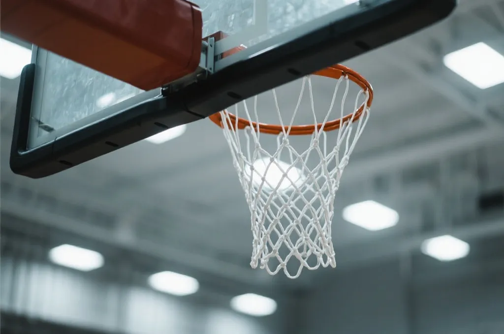 A close-up shot of a basketball hoop with a white net and dramatic bright spotlight