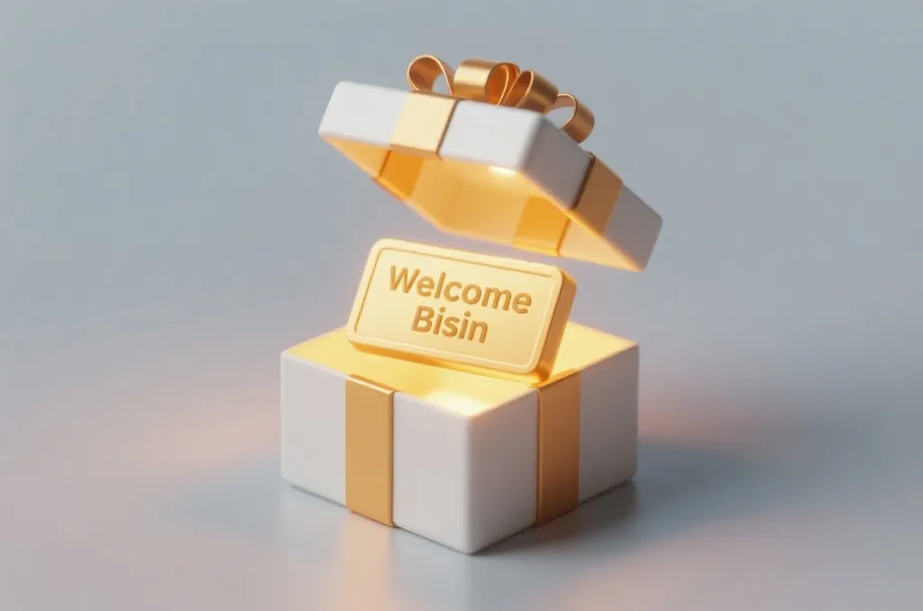 An elegant open gift box glowing with warm golden light, symbolizing a welcome bonus, minimalist and modern 3D render