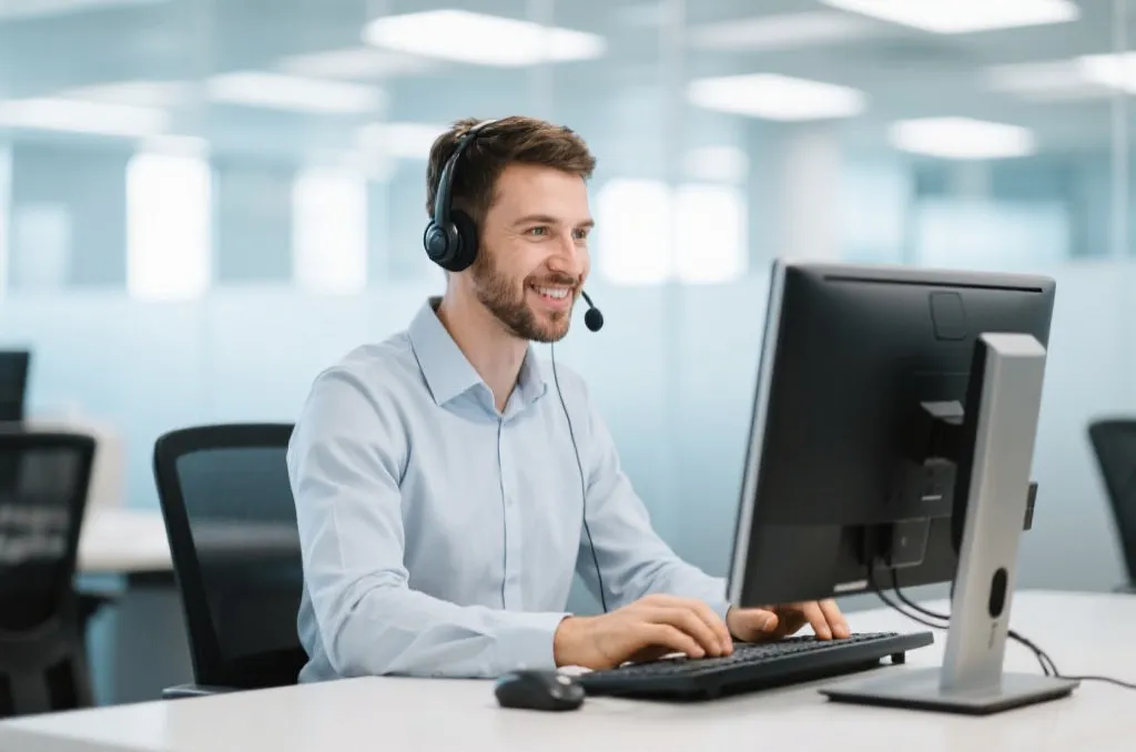 A professional customer service representative working on a computer, wearing a headset, in a brightly lit modern office